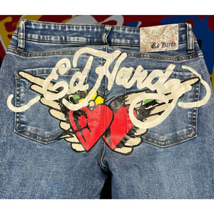 Ed Hardy Jeans Womens Sz 28x31 Tattoo Hearts Fit Flare Leg Retro Y2K Streetwear